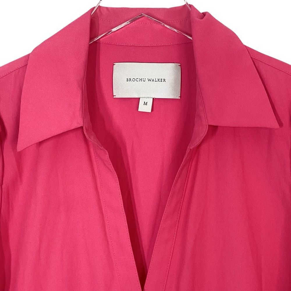 BROCHU WALKER Havana Dress M Hot Pink Tiered Midi Shirtdress Puff Sleeve - Picture 5 of 11
